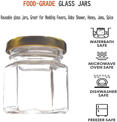 ARUZEN - 40ML Hexagon Mini Glass Canning Jars (24-Pack) with Gold Lid for Wedding Favors, Baby Shower, Honey, Jams, Spice (24) - Image 3