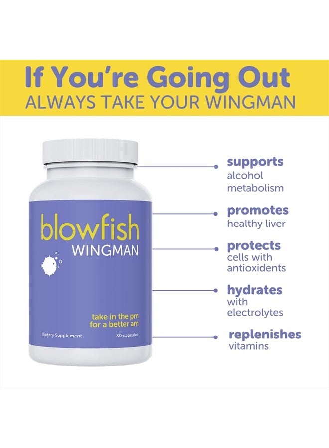 Blowfish Wingman | Pre Game Relief for Clearer Mornings | Liver Function Supplement with DHM + L-Cysteine, Electrolytes, Vitamins, Antioxidants | 30 Pills - Image 2