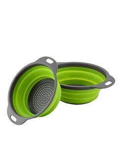 Collapsible Kitchen Draining Basket Round Silicone Strainer Set Two Size Small and Large Strainers for Vegetables and Fruits Portable Basket with Double Handles Green