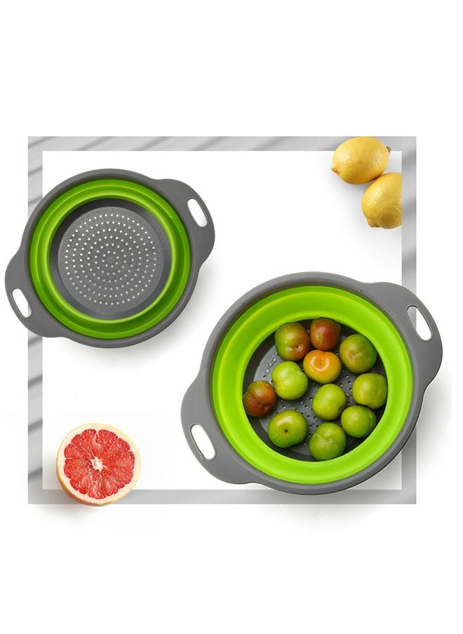 Generic - Collapsible Kitchen Draining Basket Round Silicone Strainer Set Two Size Small and Large Strainers for Vegetables and Fruits Portable Basket with Double Handles Green - Image 1