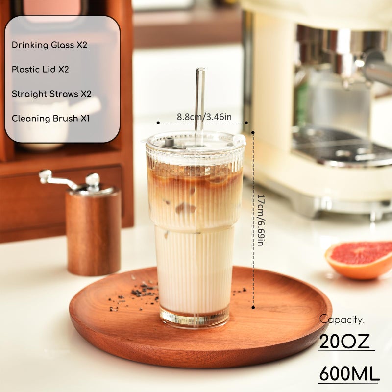 Haundry 20 oz Ribbed Glass Tumbler with Lids and Straws, 2 Pack Iced Coffee Cups, Thickened Glassware Set, Ripple Design Glass Cups for Coffee, Soda, Smoothies, Cocktails and Juice - Image 2