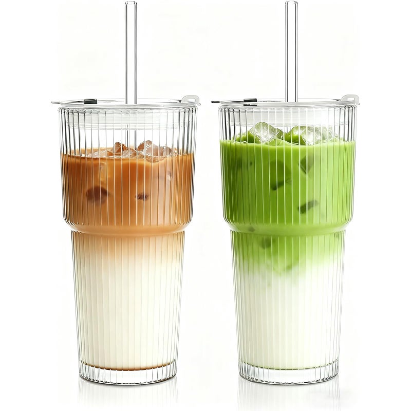 Haundry 20 oz Ribbed Glass Tumbler with Lids and Straws, 2 Pack Iced Coffee Cups, Thickened Glassware Set, Ripple Design Glass Cups for Coffee, Soda, Smoothies, Cocktails and Juice - Image 1