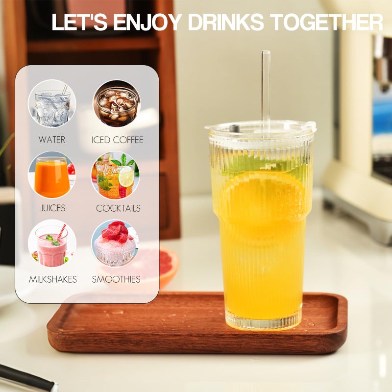 Haundry 20 oz Ribbed Glass Tumbler with Lids and Straws, 2 Pack Iced Coffee Cups, Thickened Glassware Set, Ripple Design Glass Cups for Coffee, Soda, Smoothies, Cocktails and Juice - Image 3