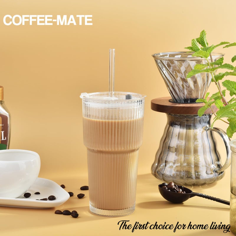 Haundry 20 oz Ribbed Glass Tumbler with Lids and Straws, 2 Pack Iced Coffee Cups, Thickened Glassware Set, Ripple Design Glass Cups for Coffee, Soda, Smoothies, Cocktails and Juice - Image 5