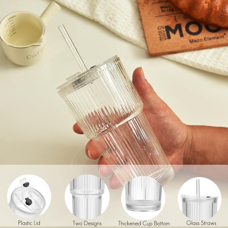 Haundry 20 oz Ribbed Glass Tumbler with Lids and Straws, 2 Pack Iced Coffee Cups, Thickened Glassware Set, Ripple Design Glass Cups for Coffee, Soda, Smoothies, Cocktails and Juice - Image 4