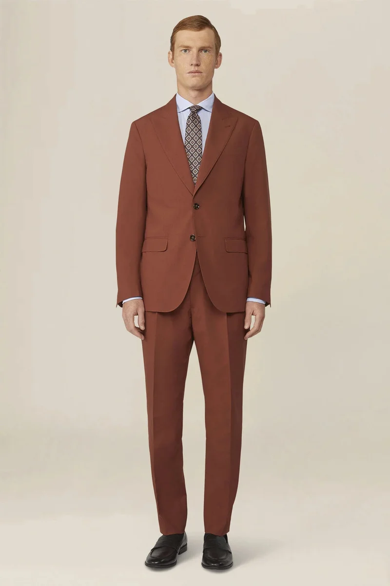 دوبل غانغر Plain men's suit with regular fit peak lapel jacket - Rust