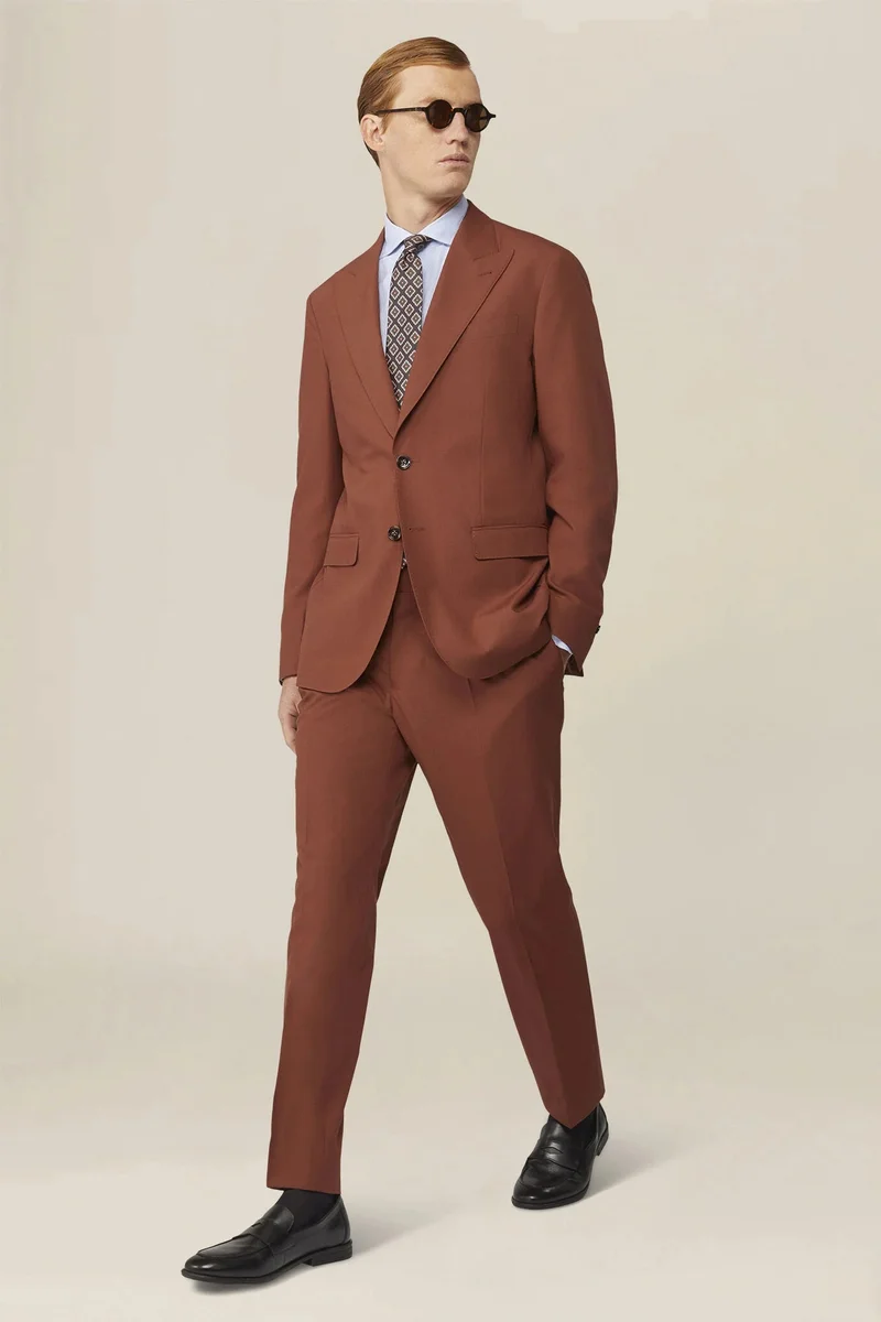 دوبل غانغر Plain men's suit with regular fit peak lapel jacket - Rust