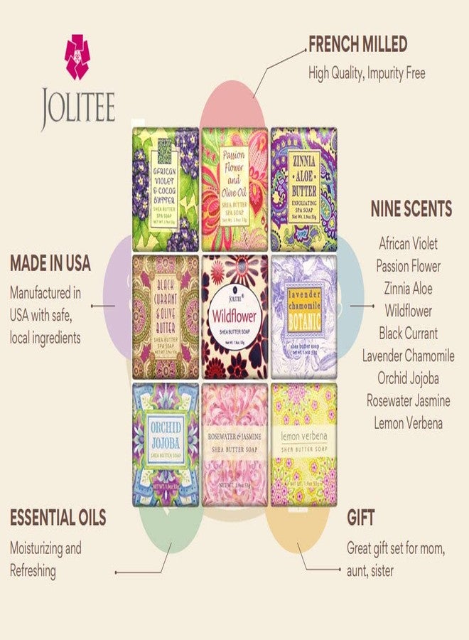 Jolitee French Milled Botanical Soap Sampler Set of 9 - Individually Wrapped Vegetable-Based Mini Soaps with Essential Oils, Shea Butter, and Natural Extracts (Floral Favorites) - Image 2