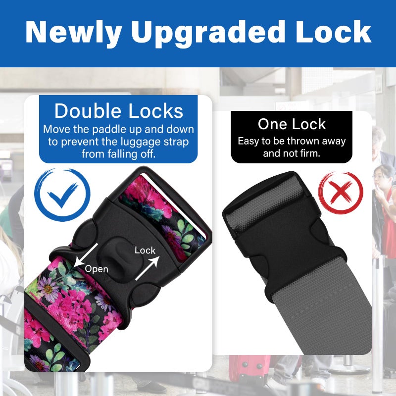 ZHOMA 2 Pack Luggage Straps for Suitcases, Adjustable Travel Belt with Double Lock and Quick Release Buckle, Heavy Duty Nylon Bag Packing Strap, Bright Identifiers Business Travel Accessories-Pink Flowers - Image 2