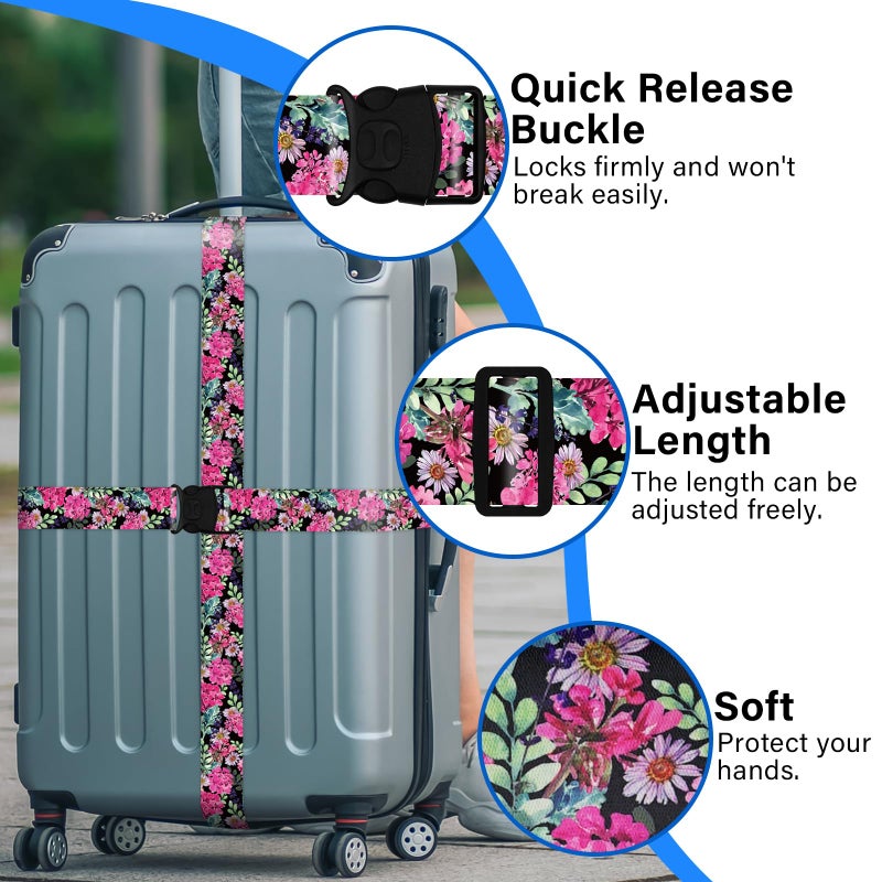 ZHOMA 2 Pack Luggage Straps for Suitcases, Adjustable Travel Belt with Double Lock and Quick Release Buckle, Heavy Duty Nylon Bag Packing Strap, Bright Identifiers Business Travel Accessories-Pink Flowers - Image 4