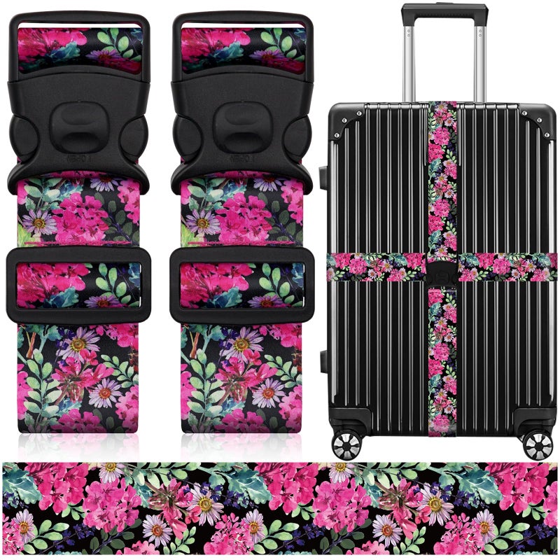 ZHOMA 2 Pack Luggage Straps for Suitcases, Adjustable Travel Belt with Double Lock and Quick Release Buckle, Heavy Duty Nylon Bag Packing Strap, Bright Identifiers Business Travel Accessories-Pink Flowers - Image 1
