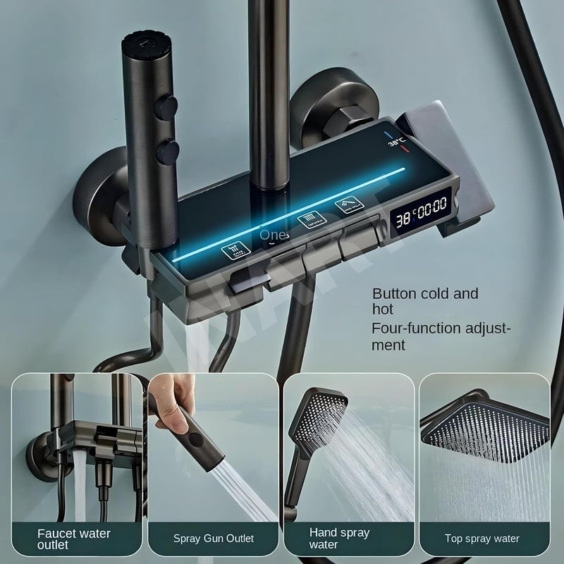 inart لوحة دش ترموستاتية LED من InArt كاملة للمس bagno باللون الأسود غير اللامع مع خلاط مطر سهل التركيب على الحائط مع ذراع واحد ووظائف متعددة للحمامات الحديثة - Image 5