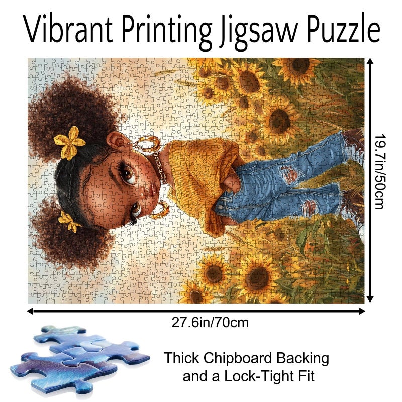 Tucocoo Cool Black Girl Puzzles 1000 Piece  Little Girl Afro Art Puzzle For Adults Sunflowers Field Diy Crafts Jigsaw Puzzles For Home Decoration Gifts  Family Challenging Puzzle For Game Nights - Image 2