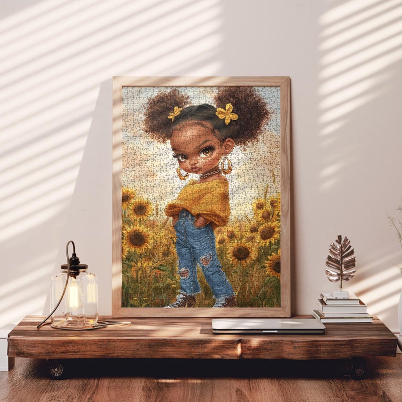 Tucocoo Cool Black Girl Puzzles 1000 Piece  Little Girl Afro Art Puzzle For Adults Sunflowers Field Diy Crafts Jigsaw Puzzles For Home Decoration Gifts  Family Challenging Puzzle For Game Nights - Image 3