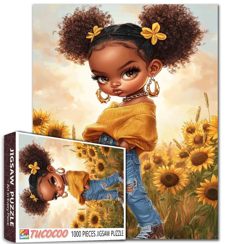 Tucocoo Cool Black Girl Puzzles 1000 Piece  Little Girl Afro Art Puzzle For Adults Sunflowers Field Diy Crafts Jigsaw Puzzles For Home Decoration Gifts  Family Challenging Puzzle For Game Nights - Image 1