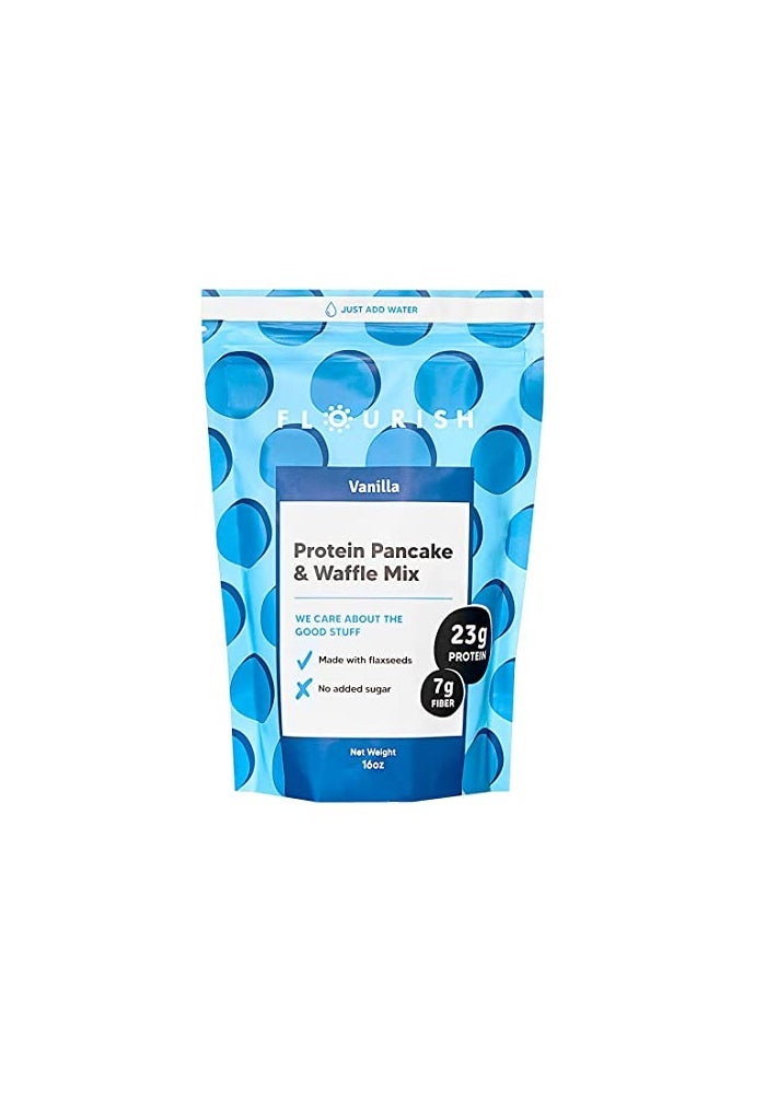 Flourish  Protein Pancake  Waffle Mix Whey Protein Isolate  Flax Seed NonGMO No Added Sugar Superfood High Protein  Fiber Just Add Water  Vanilla 16oz - Image 1