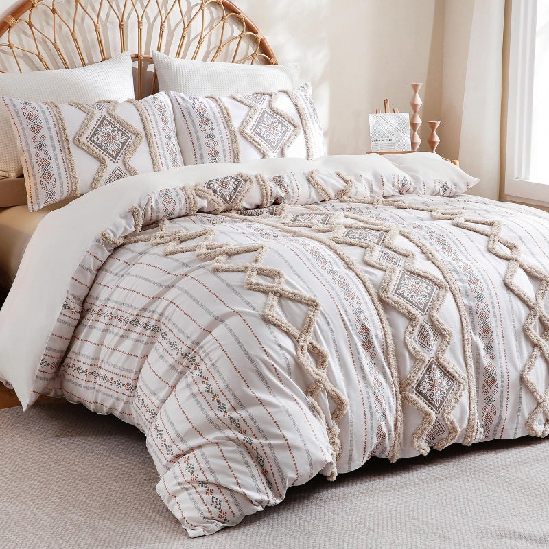 Herside Beige 100% Cotton Boho Duvet Cover Set Queen Size, 3-Piece Tufted Textured Modern Boho Moroccan Bedding, Aztec Geometric Farmhouse Comforter Cover with 8 Corner Ties & Double Zipper - Image 3