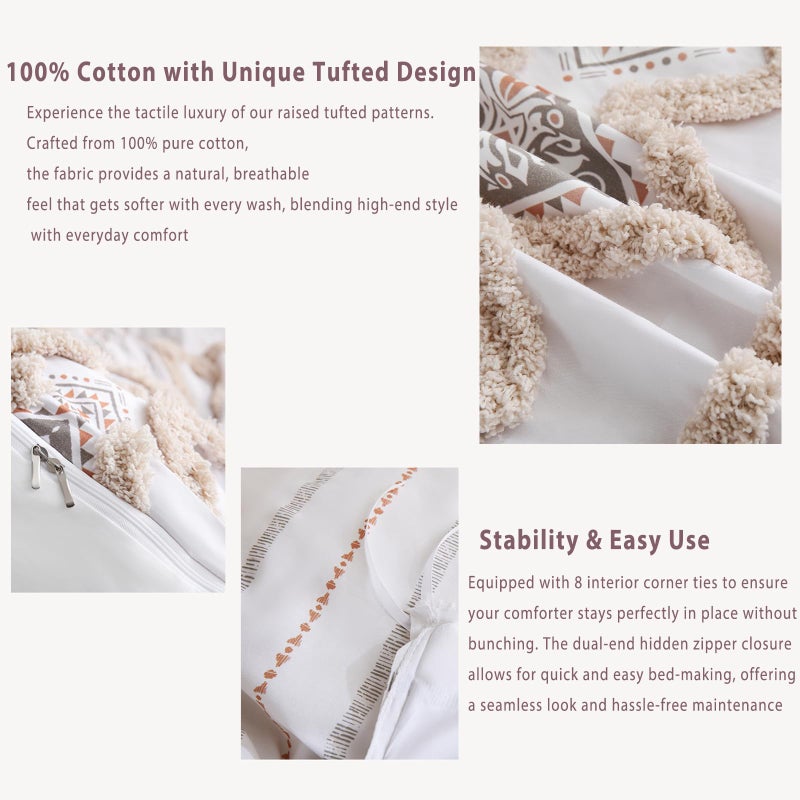 Herside Beige 100% Cotton Boho Duvet Cover Set Queen Size, 3-Piece Tufted Textured Modern Boho Moroccan Bedding, Aztec Geometric Farmhouse Comforter Cover with 8 Corner Ties & Double Zipper - Image 4