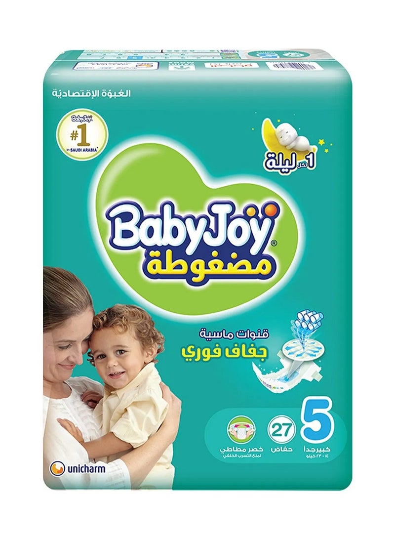 حفاضات بيبي جوي مقاس 5 بتصميم شريط لاصق مع وسادة ماسية مضغوطة، 27 قطعة - ناعمة وحريرية مع قطع السرة، 14-23 كجم