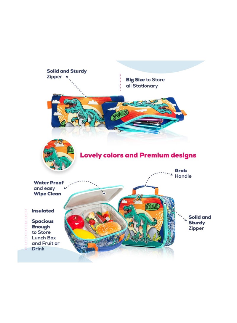 Eazy Kids مجموعة من 3 حقائب غداء مدرسية بعجلات ومقلمة على شكل ديناصور - برتقالي - Image 4