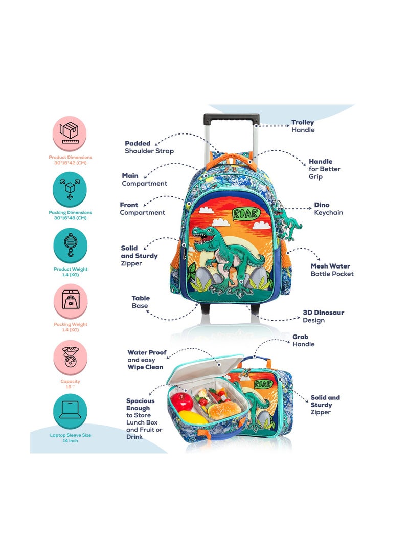 Eazy Kids مجموعة من 3 حقائب غداء مدرسية بعجلات ومقلمة على شكل ديناصور - برتقالي - Image 3