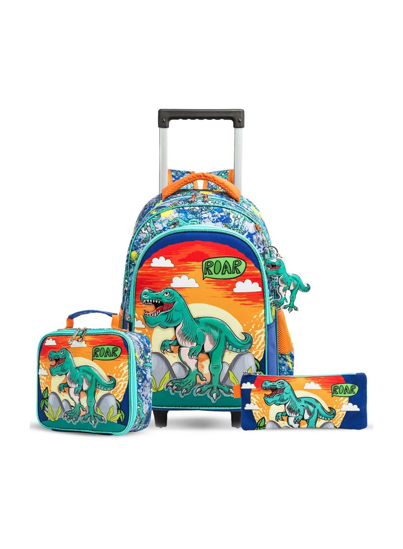 Eazy Kids مجموعة من 3 حقائب غداء مدرسية بعجلات ومقلمة على شكل ديناصور - برتقالي - Image 1
