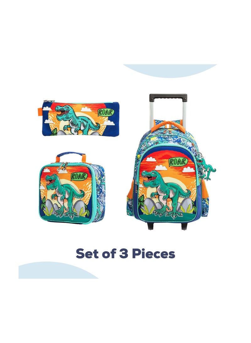 Eazy Kids مجموعة من 3 حقائب غداء مدرسية بعجلات ومقلمة على شكل ديناصور - برتقالي - Image 2