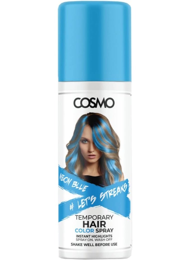 COSMO Temporary Neon Blue Hair Color Spray For Unisex 100ml | Suitable for All Hair Types | Colour Spray | Easy to Wash | Beauty | Funky Party Looks