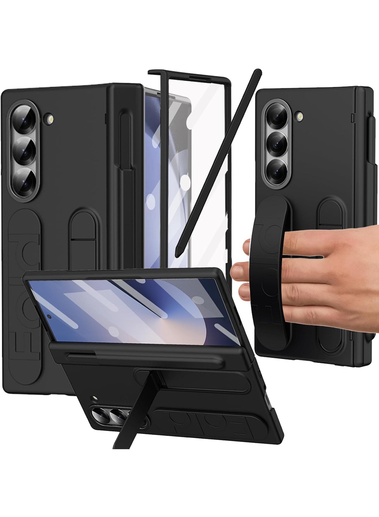 Aookay for Samsung Galaxy Z Fold 7 Case with Pen Holder & Slim Stylus, Kickstand Case with Hand Strap & Hinge Protection Screen Protector Raised Edge Protection Cover Case for Z Fold 7 (Black)