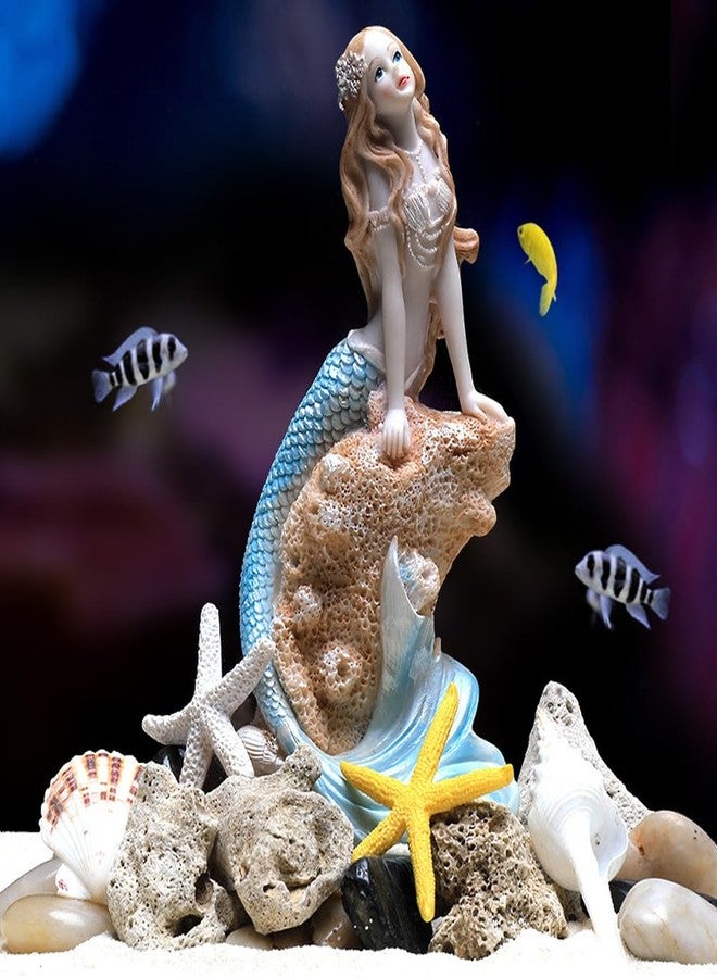 Rayberro Blue Mermaid Figurines 7.28" Resin Mermaid Sculpture Mediterranean Princess Ornaments Home Office Desktop Bookshelf Mermaid Collectible Figurines Crafts Fish Tank Aquarium Decoration Gift - Image 3
