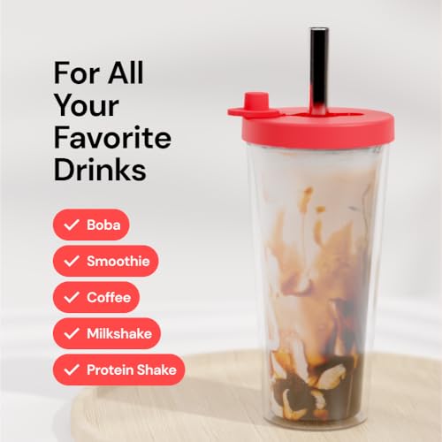 Dodoko Reusable Boba Cup and Straw Boba Tea Cup Bubble Tea Cup Reusable Iced Coffee Cup Cold Coffee Cup Smoothie Cup with Lid and Straw Smoothie Cup to go Smoothie Tumbler 17 oz - Hot Pink - Image 5