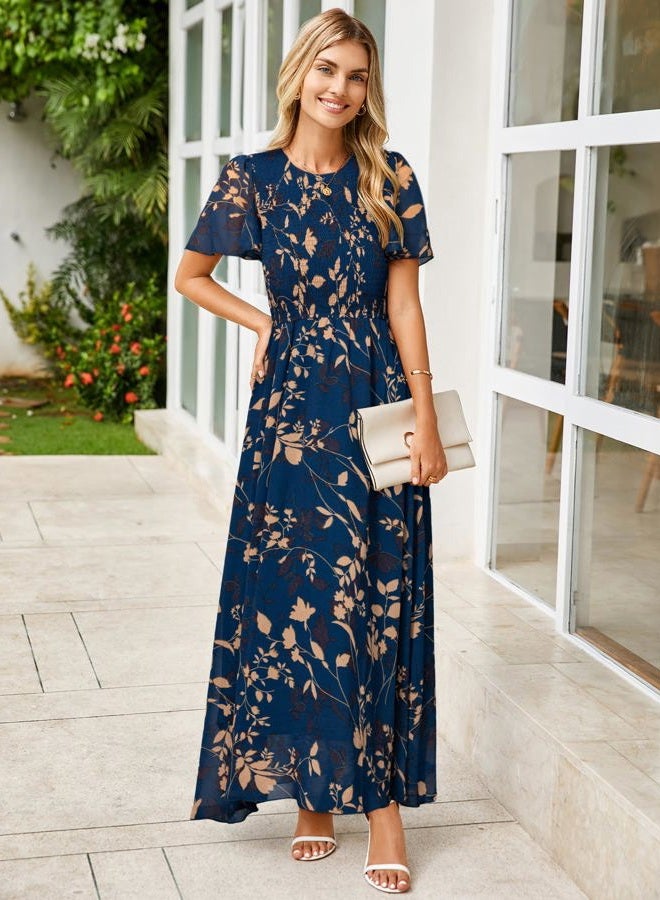SIMPLEE Womens Summer Floral Casual Maxi Dresses Flutter Short Sleeve Crew Neck Smocked Chiffon Boho Flowy Dress, Navy Leaf, M - Image 5
