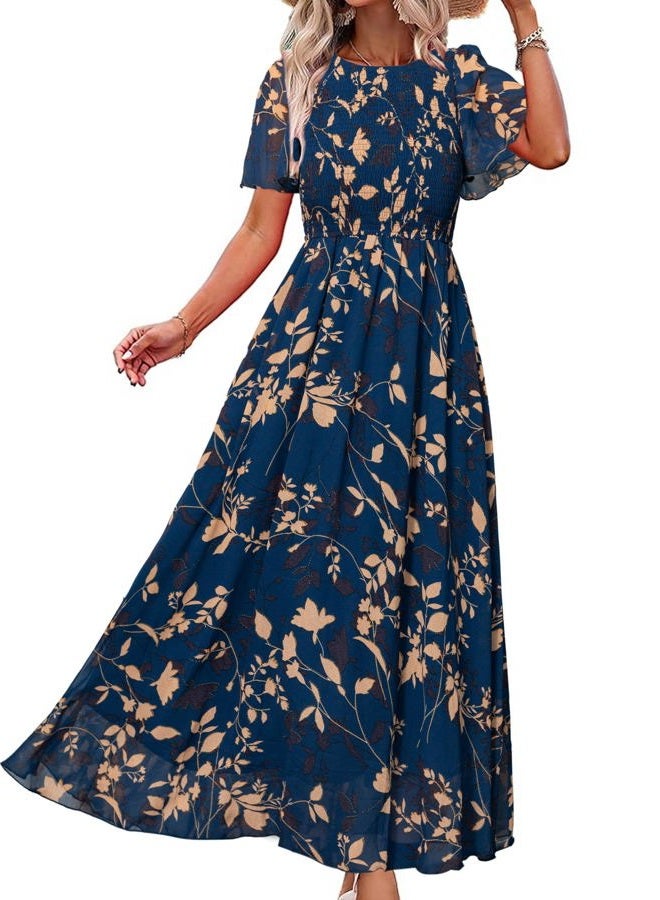 SIMPLEE Womens Summer Floral Casual Maxi Dresses Flutter Short Sleeve Crew Neck Smocked Chiffon Boho Flowy Dress, Navy Leaf, M - Image 1
