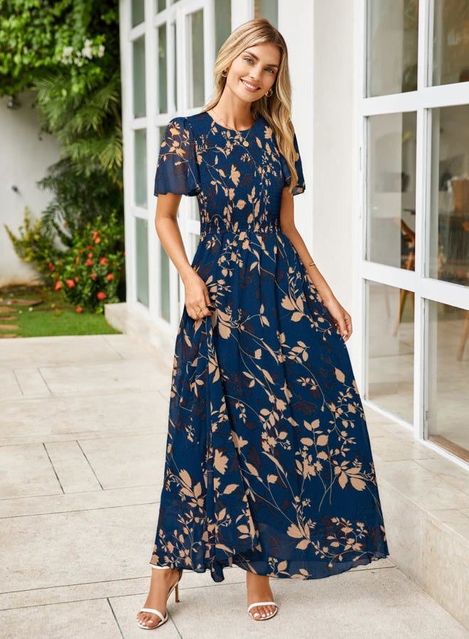 SIMPLEE Womens Summer Floral Casual Maxi Dresses Flutter Short Sleeve Crew Neck Smocked Chiffon Boho Flowy Dress, Navy Leaf, M - Image 3