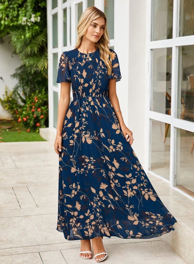 SIMPLEE Womens Summer Floral Casual Maxi Dresses Flutter Short Sleeve Crew Neck Smocked Chiffon Boho Flowy Dress, Navy Leaf, M - Image 4