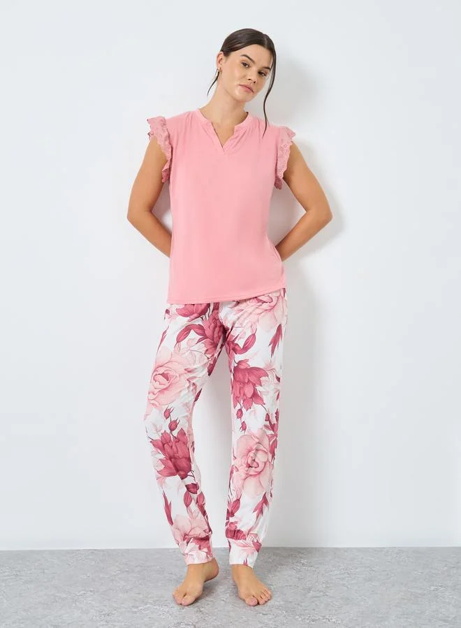 Styli Styli V Neck Lace Shoulder T-Shirt and Rosey Floral Cuffed Pyjama Set