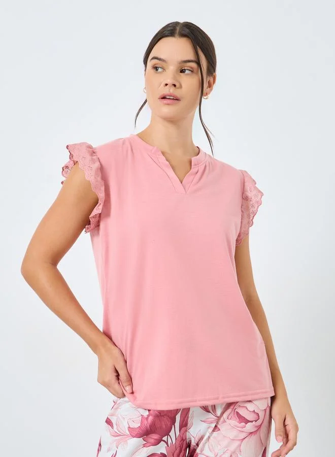 Styli Styli V Neck Lace Shoulder T-Shirt and Rosey Floral Cuffed Pyjama Set