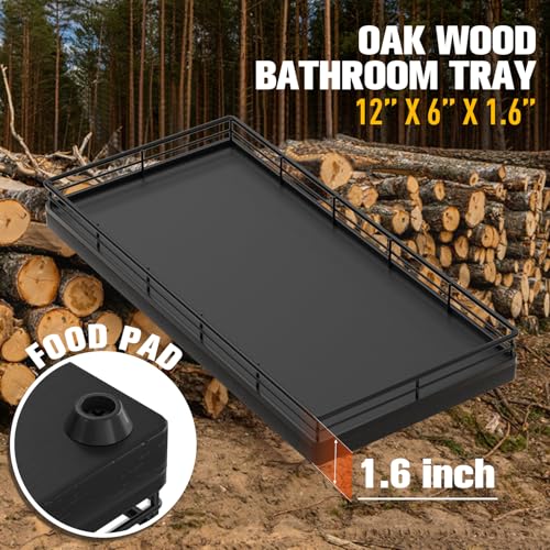 Focusonit Bathroom Vanity Tray for Countertop, 12" x 6" Oak Wood Toilet Tank Tray with Metal Guardrail, Bathroom Organizer for Soap, Perfume & Skincare, Non-Slip Decorative Tray for Dresser & Vanity, Black - Image 3