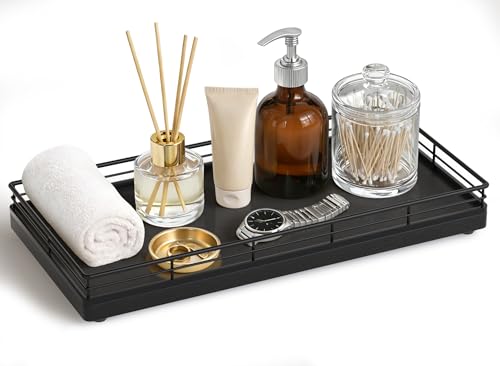 Focusonit Bathroom Vanity Tray for Countertop, 12" x 6" Oak Wood Toilet Tank Tray with Metal Guardrail, Bathroom Organizer for Soap, Perfume & Skincare, Non-Slip Decorative Tray for Dresser & Vanity, Black - Image 1