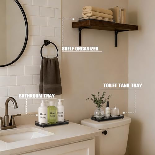 Focusonit Bathroom Vanity Tray for Countertop, 12" x 6" Oak Wood Toilet Tank Tray with Metal Guardrail, Bathroom Organizer for Soap, Perfume & Skincare, Non-Slip Decorative Tray for Dresser & Vanity, Black - Image 4