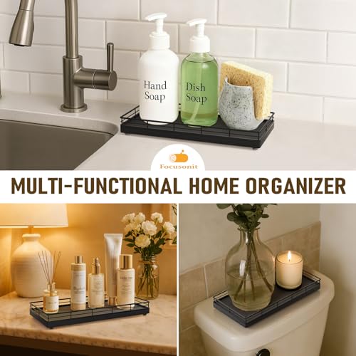 Focusonit Bathroom Vanity Tray for Countertop, 12" x 6" Oak Wood Toilet Tank Tray with Metal Guardrail, Bathroom Organizer for Soap, Perfume & Skincare, Non-Slip Decorative Tray for Dresser & Vanity, Black - Image 5