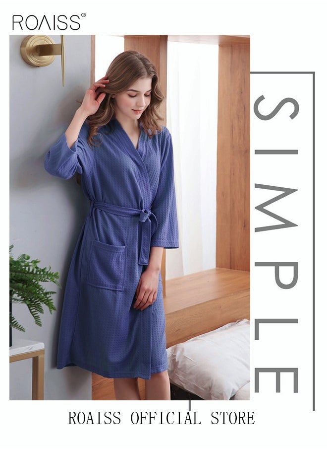 roaiss - Women and Men Waffle Kimono Bathrobe Cotton Sleepwear Spa Robe Nightwear Nightgown Women Water Bathrobe Bridesmaid Robes Unisex Dressing Gown Autumn Robe - Image 1