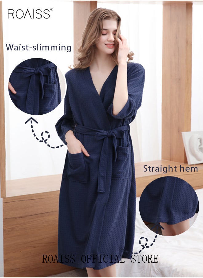 roaiss - Women and Men Waffle Kimono Bathrobe Cotton Sleepwear Spa Robe Nightwear Nightgown Women Water Bathrobe Bridesmaid Robes Unisex Dressing Gown Autumn Robe - Image 1