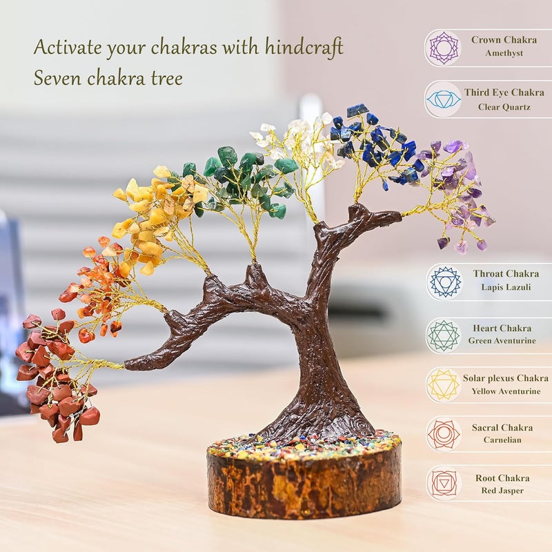 HindCraft شجرة الحياة من سبعة شكرات هندكرافت مع كريستالات فنج شوي وأحجار شفاء لتزيين المنزل هدية روحية للنساء والعائلة تعزز الطاقة وتجلب الحظ 8 بوصات - Image 2