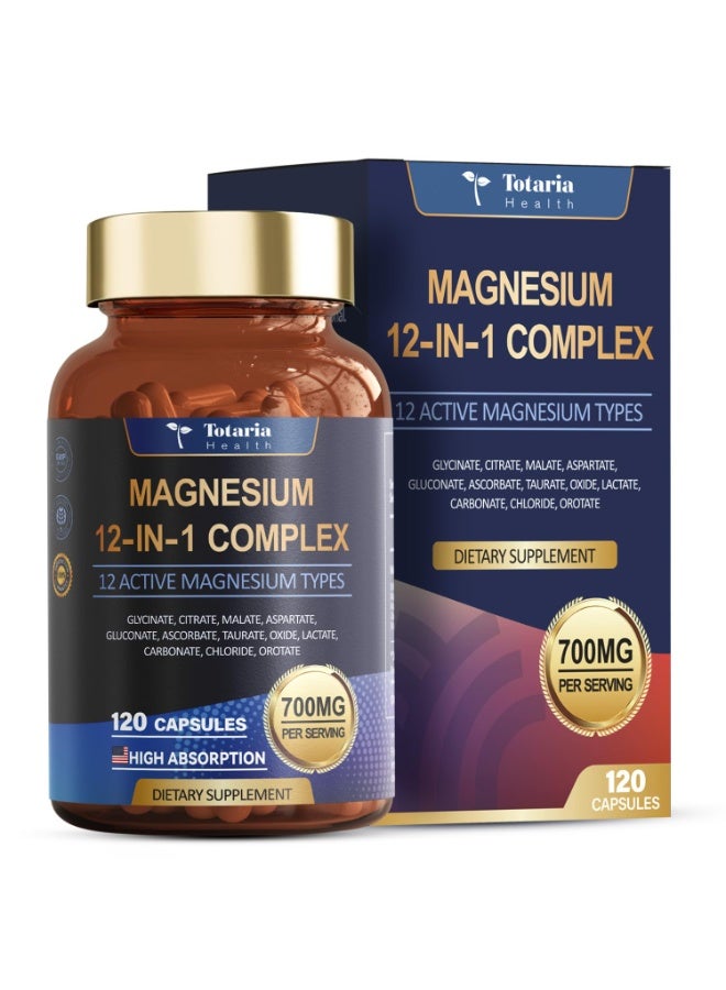 Totaria Magnesium Complex 700mg - 12-in-1 Magnesium Supplement with Glycinate, Citrate, Malate, Oxide, Taurate, Aspartate, Orotate - Muscle, Nerve & Heart Support - Vegan - 120 Capsules - Image 1