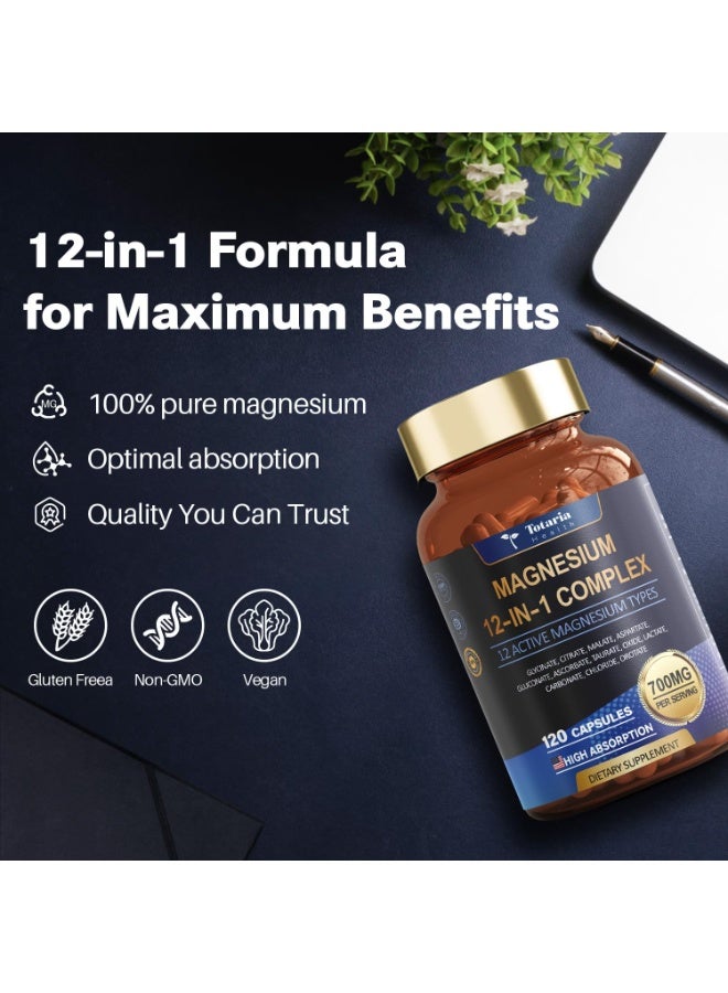Totaria Magnesium Complex 700mg - 12-in-1 Magnesium Supplement with Glycinate, Citrate, Malate, Oxide, Taurate, Aspartate, Orotate - Muscle, Nerve & Heart Support - Vegan - 120 Capsules - Image 3