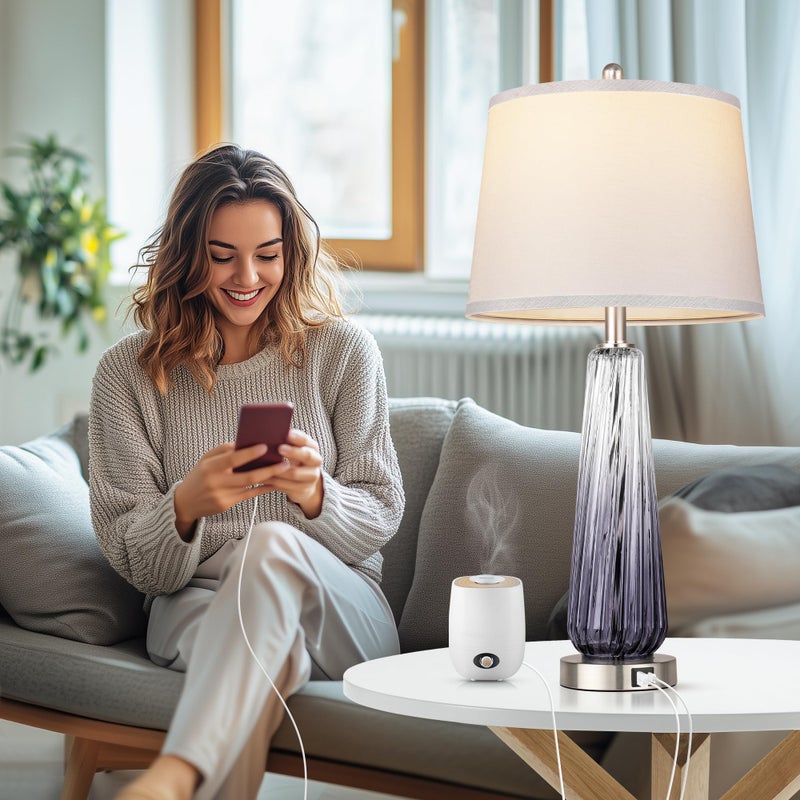 Qimh Glass Table Lamps for Living Room, Modern Bedside Lamps with USB A+C Ports, 3-Way Dimmable Touch Control Nightstand Lamp with White Linen Shade, 27.5" Large Lamps for Bedrooms Decor, Grey, 1 Pack - Image 4