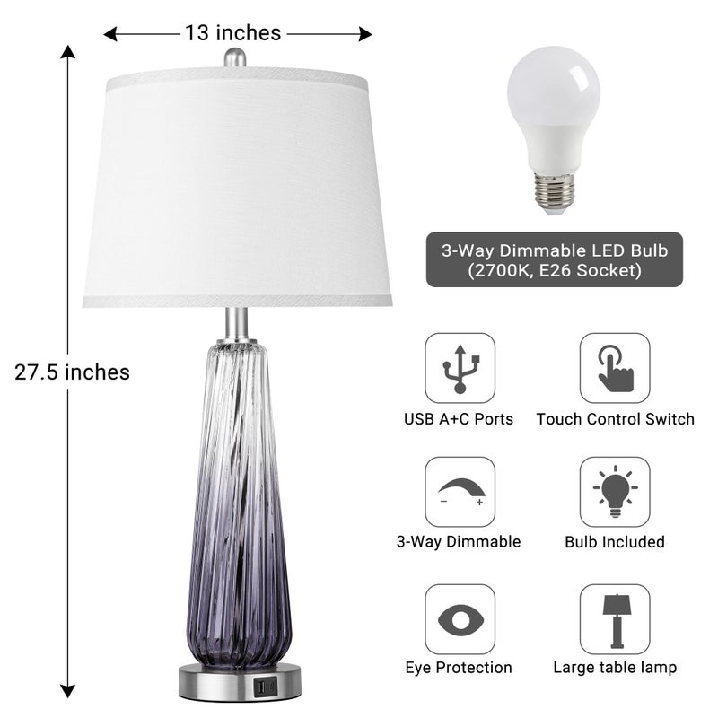 Qimh Glass Table Lamps for Living Room, Modern Bedside Lamps with USB A+C Ports, 3-Way Dimmable Touch Control Nightstand Lamp with White Linen Shade, 27.5" Large Lamps for Bedrooms Decor, Grey, 1 Pack - Image 5