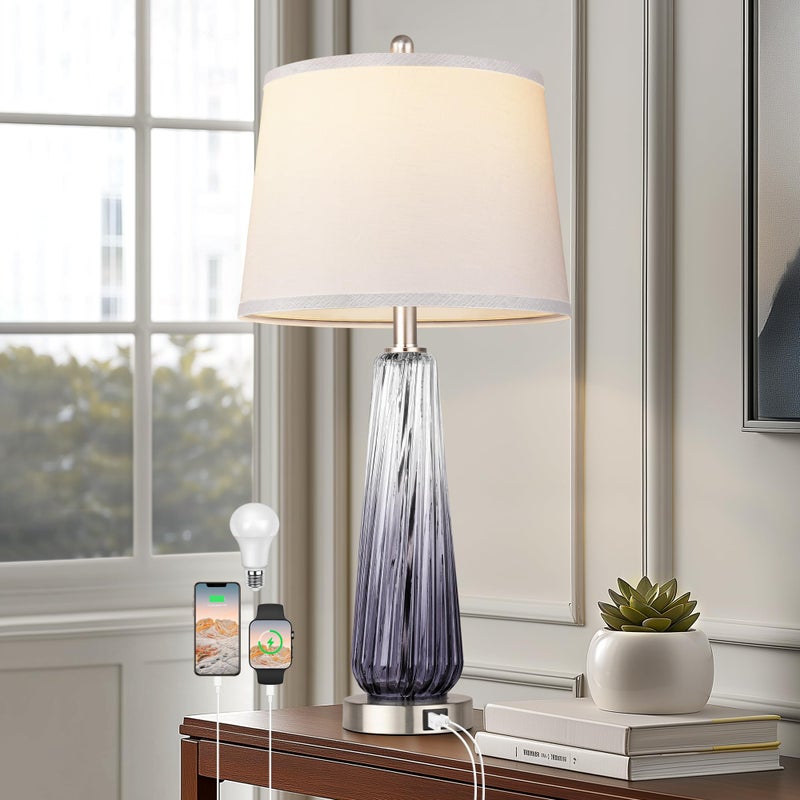 Qimh Glass Table Lamps for Living Room, Modern Bedside Lamps with USB A+C Ports, 3-Way Dimmable Touch Control Nightstand Lamp with White Linen Shade, 27.5" Large Lamps for Bedrooms Decor, Grey, 1 Pack - Image 1