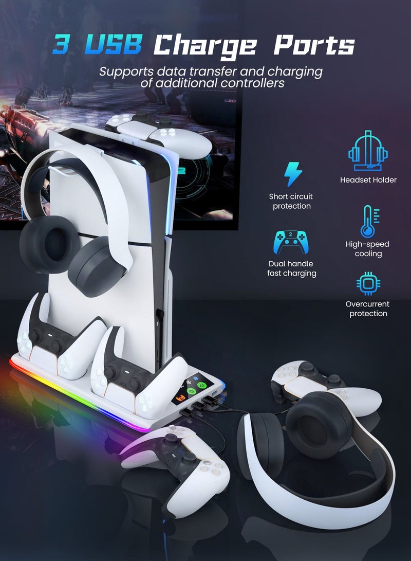 Xkimos PS5 Stand and Cooling Station with Dual Controller Charging Station, Including Controller Charger, Cooling Fan, RGB LED and USB Hub (Fit for PS5/PS5 slim/PS5 Pro Version) White - Image 4